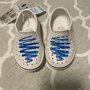 White and blue Native shoes